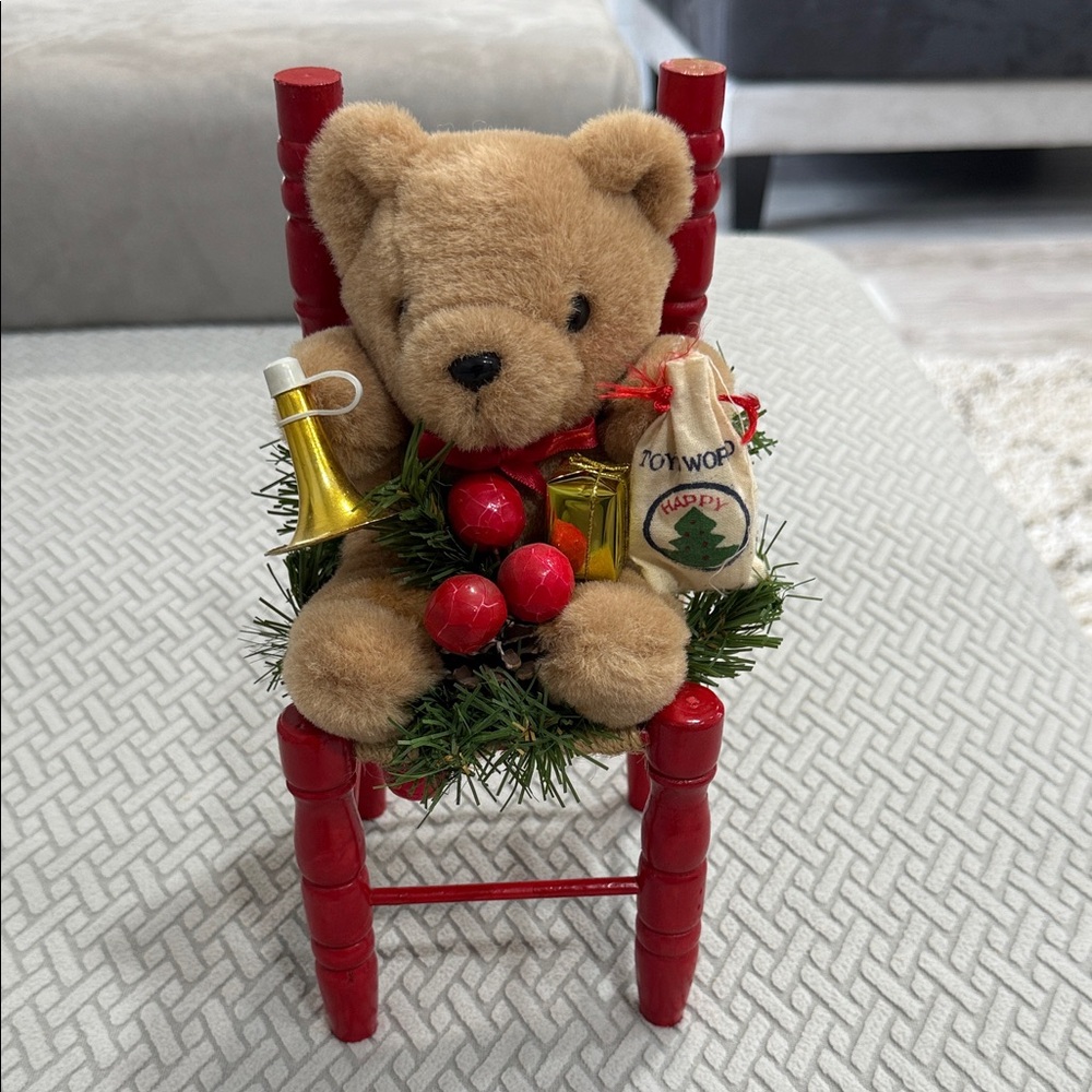 Tan Teddy Bear with Red Chair and Holiday Decor plush Christmas toy